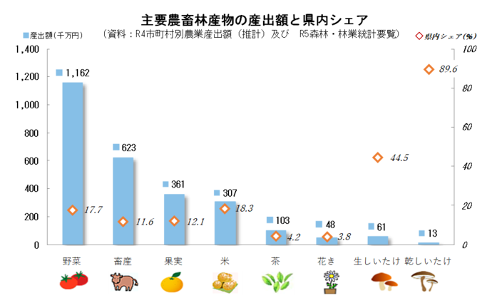 グラフ：農畜産物の生産額と県内シェア