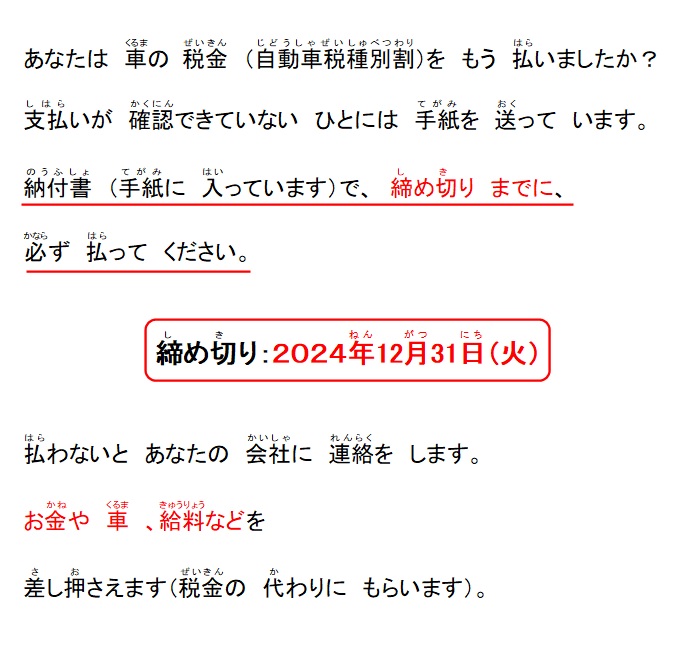 写真：くるまのぜいきんをまだはらってないひとへ（やさしい日本語での説明）