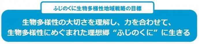 ふじのくに生物多様性地域戦略の目標　生物多様性の大切さを理会し、力を合わせて、生物多様性にめぐまれた理想郷”ふじのくに”に生きる