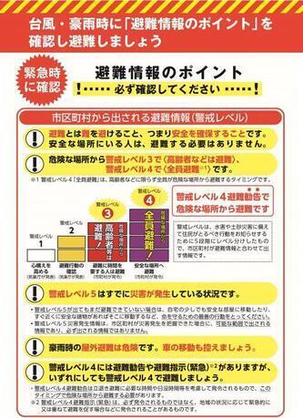 チラシの写真：台風・豪雨時に「避難情報のポイント」を確認し避難しましょう　避難情報のポイント必ず確認してください