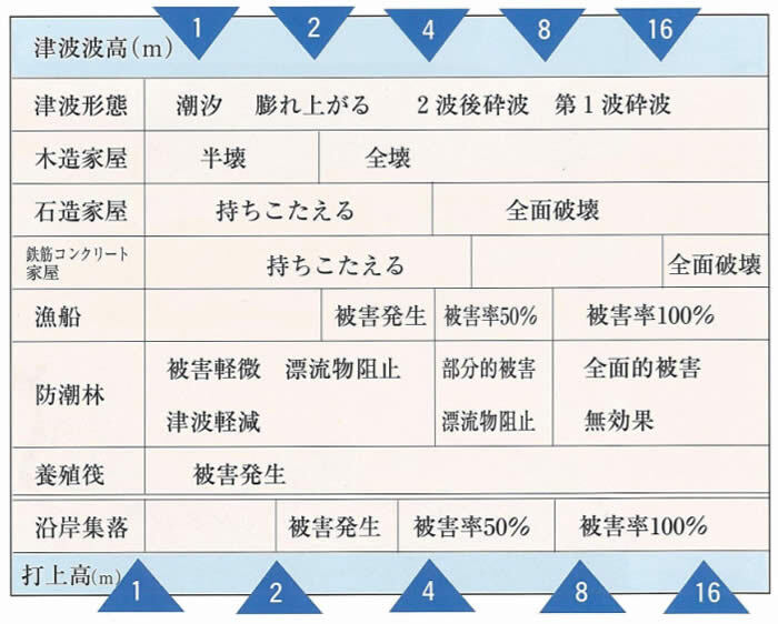 表：津波強度による津波形態と被害程度の分類