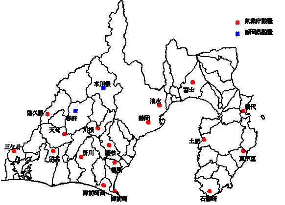 気象庁が監視している静岡県内の歪み観測点です