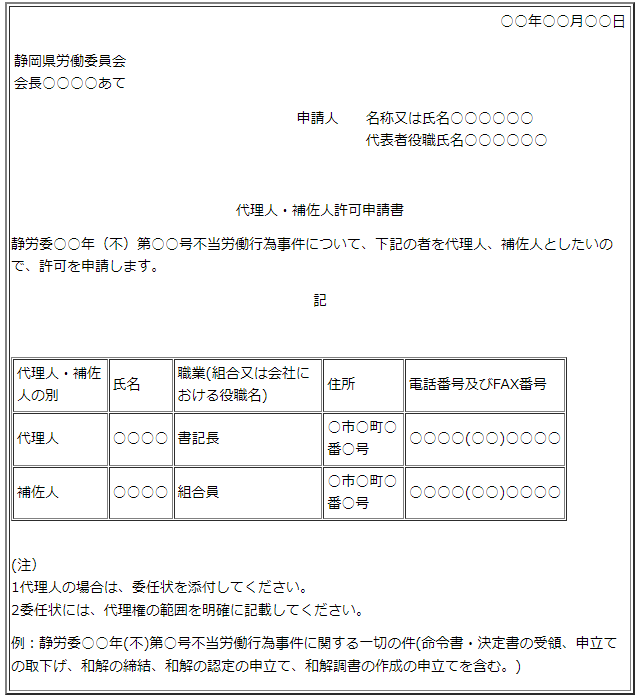 写真：代理人・補佐人許可申請書記載例