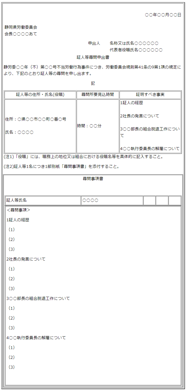 写真：証人等尋問申出書記載例