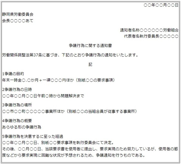 写真：争議予告通知書記載例