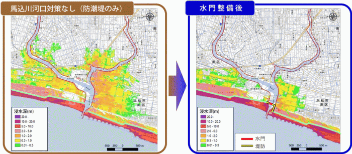 地図：水門による減災効果