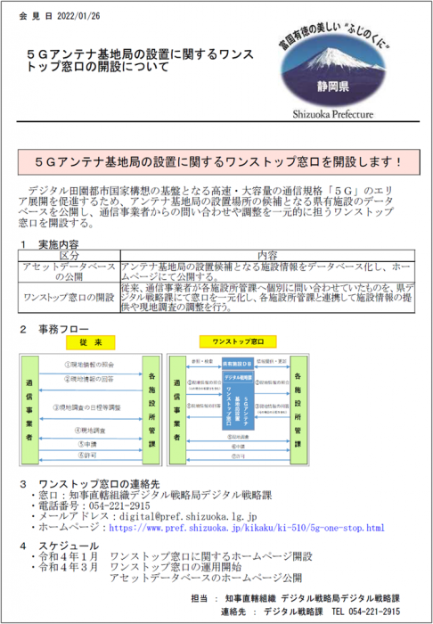 リーフレットの写真：5Gアンテナ基地局の設置に関するワンストップ窓口開設の内容