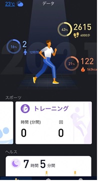 画面：スマートフォンに表示されるデータ　トレーニングや消費カロリー等