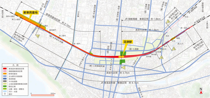 地図：高架区間・新車両基地平面図