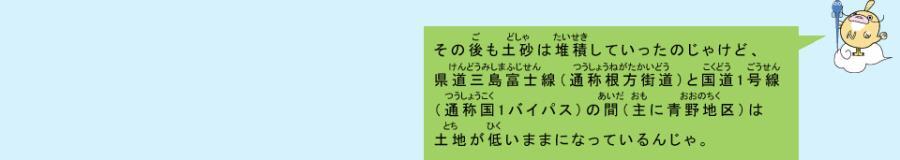 イラスト：なまず仙人　その後も土砂は堆積していったのじゃけど、県道三島富士線（通称根方街道）と国道1号線（通称国1バイパス）の間（主に青野地区）は土地が低いままになっているんじゃ。