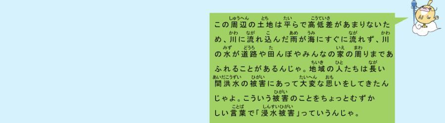 イラスト：なまず仙人　この周辺の土地は平らで高低差があまりないため、川に流れ込んだ雨が海にすぐに流れず、川の水が道路や田んぼやみんなの家の周りまであふれることがあるんじゃ。地域の人たちは長い間洪水の被害にあって大変な思いをしてきたんじゃよ。こういう被害のことをちょっとむずかしい言葉で「浸水被害」っていうんじゃ。