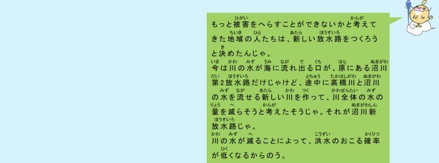 イラスト：なまず仙人　もっと被害をへらすことができないかと考えてきた地域の人たちは、新しい放水路をつくろうと決めたんじゃ。今は川の水が海に流れ出る口が、原にある沼川第2放水路じゃけど、途中に高橋川と沼川の水を流せるバイパスを作って、川全体の水の量を減らそうと考えたそうじゃ。川の水が減ることによって、洪水のおこる確率が低くなるからのう。