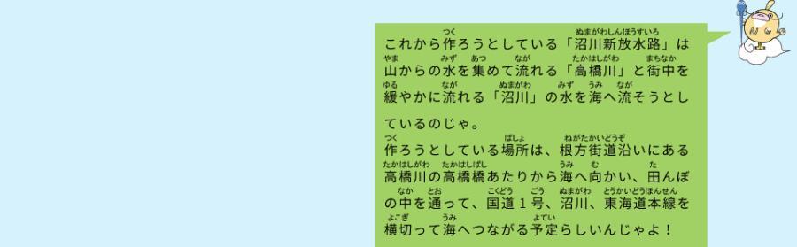 イラスト：なまず仙人　これから作ろうとしている「沼川新放水路」は山からの水を集めて流れる「高橋川」と街中を緩やかに流れる「沼川」の水を海へ流そうとしているのじゃ。作ろうとしている場所は、大体じゃが、根方街道鳥谷の高橋川の高橋橋あたりから海へ向かい、田んぼの中を通って、国道1号、沼川、東海道本線を横切って海へつながる予定らしいんじゃよ！