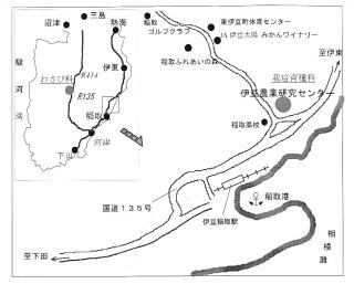 写真：周辺の建物や目印を含む伊豆稲取駅から伊豆農業研究センターまでの案内図