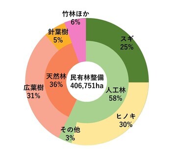 民有林のうち、6割が人工林を示すグラフ