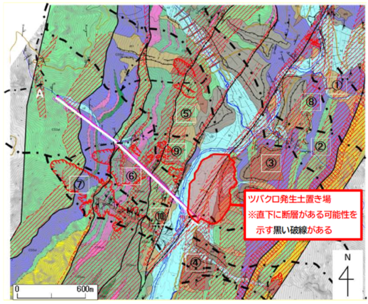 図：ツバクロ発生土置き場直下の断層（推定）