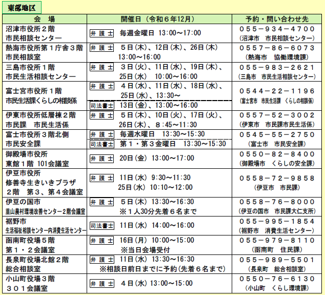 令和6年度東部地域の市町の無料法律相談会日程