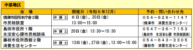 令和6年度中部地域の市町の無料法律相談会日程