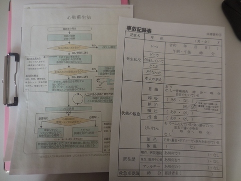 写真：救命のマニュアルと記録用紙