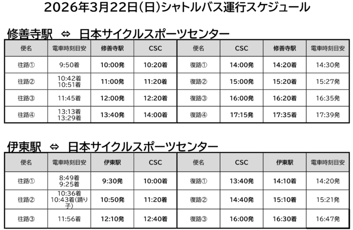22日(日曜)シャトルバス時刻表
