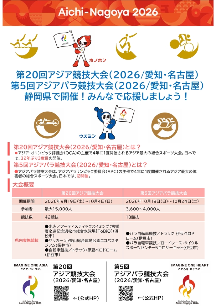 第20回アジア競技大会（2026/愛知・名古屋）　第5回アジア競技大会（2026/愛知・名古屋）の大会概要を記載したチラシ