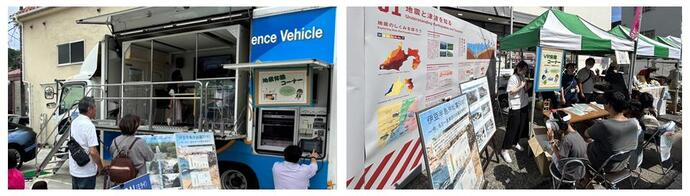 写真は黒船祭りの防災ブースで地震体験車やVRゴーグル体験をしている写真です