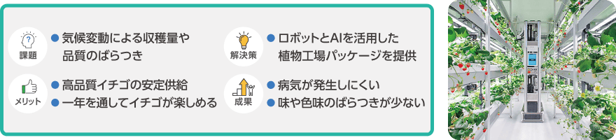 事例紹介。課題:気候変動による収穫量や品質のばらつき。解決策:ロボットとAIを活用した植物工場パッケージを提供。メリット:高品質イチゴの安定供給、一年を通してイチゴが楽しめる。成果:病気が発生しにくい、味や色味のばらつきが少ない。