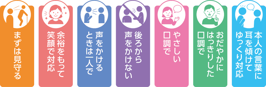 1.まずは見守る 2.余裕をもって笑顔で対応 3.声をかけるときは一人で 4.後ろから声をかけない 5.やさしい口調で 6.おだやかにはっきりした口調で 7.本人の言葉に耳を傾けてゆっくり対応