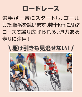 ロードレース「選手が一斉にスタートし、ゴールした順番を競います。数十kmに及ぶコースで繰り広げられる、迫力ある走りに注目！」