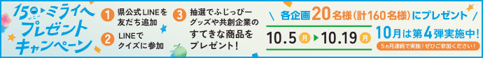 「15th ミライへプレゼントキャンペーン」の案内バナー。県公式LINEを友だち追加し、クイズに参加すると抽選でふじっぴーグッズや共創企業の商品を各企画20名様（計160名様）にプレゼント。期間：10.5(月)〜10.19(月)（10月は第4弾）。