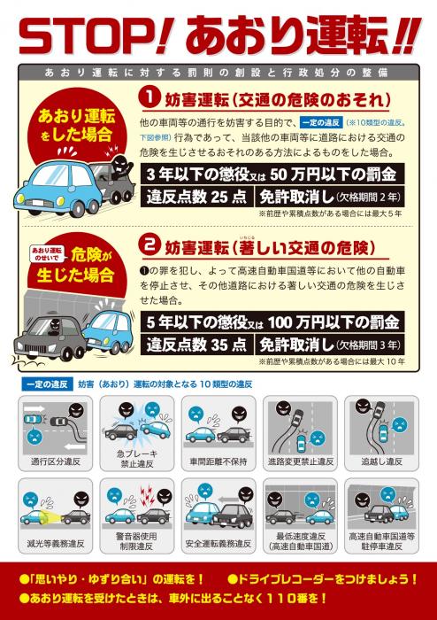 イラスト：交通の危険のおそれ、著しい交通の危険などの10種類の妨害運転例と違反をした場合の懲罰が記載されている