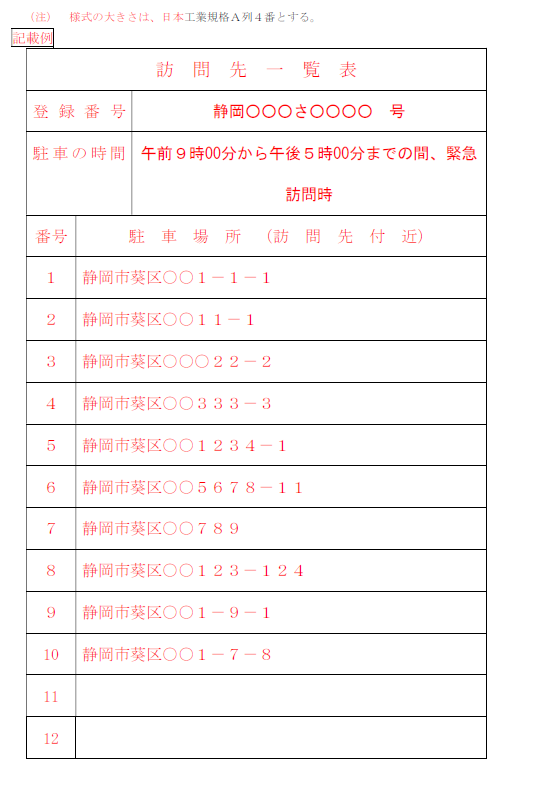 訪問先一覧表記載例