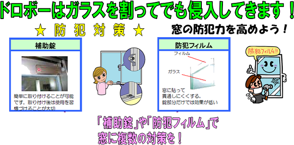 イラスト：補助錠や防犯フィルムで窓に複数の対策をしようという注意喚起の内容