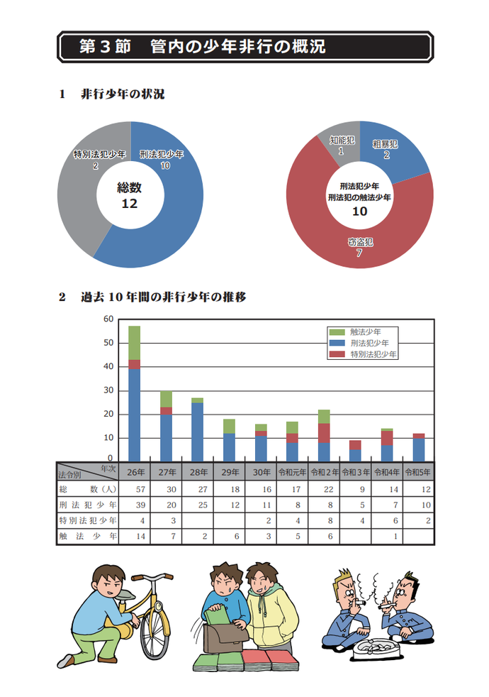 グラフ：イラスト入り少年非行の状況の円グラフと過去10年間の非行少年の推移の棒グラフ