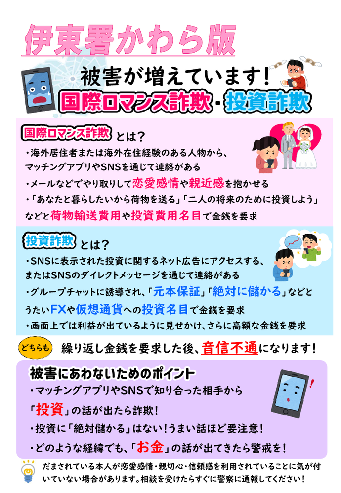 チラシ：被害が増えています！国際ロマンス詐欺・投資詐欺