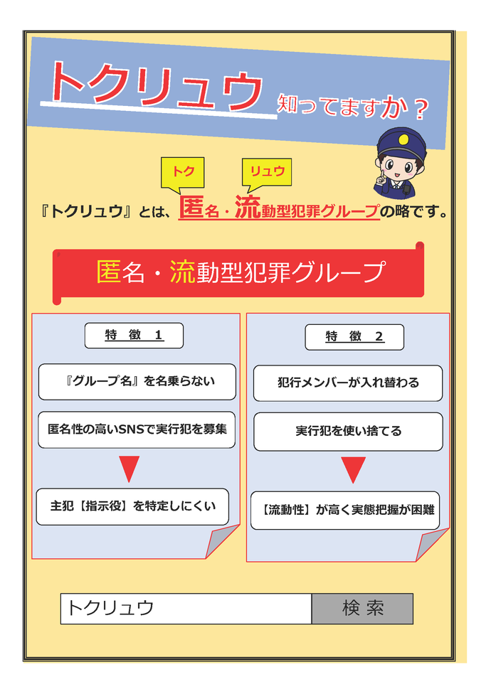 チラシ：匿名・流動型犯罪グループ（通称：トクリュウ）が関与する犯罪が多発中！